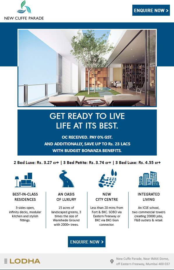 Home buyers now pay 0% GST and save upto 23 lacs with budget bonanza benefits at Lodha New Cuffe Parade in Mumbai
